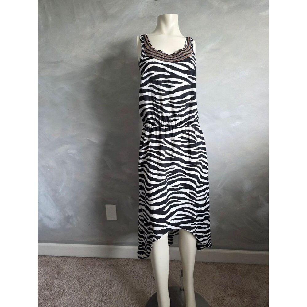 Michael Kors Animal Zebra Print Beaded Neckline Sleeveless Dress Sz 6 Hi Low Hem